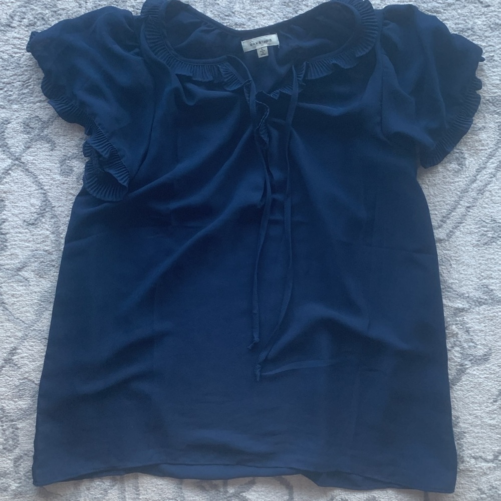 Max Studio Pleated Ruffle Short‎ Sleeve Blouse Tie Neck Navy Women’s L Preloved